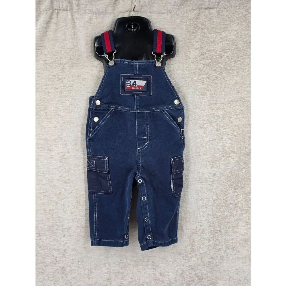 Weebok Y2K Kids Navy Blue Overalls with Red Straps Cargo Pockets